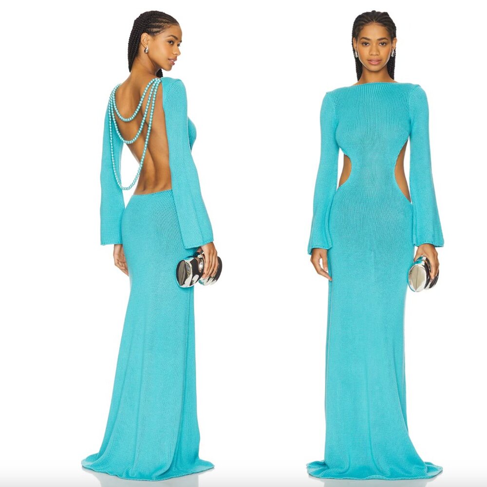 NEW Mariandree Gaitan Maite Maxi Dress Turquoise Blue Long Sleeve Backless Knit